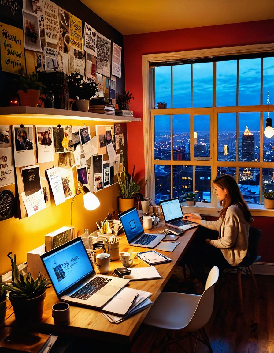 A dynamic scene featuring a diverse group of bloggers passionately sharing stories in a cozy, creative workspace, surrounded by inspiration boards filled with colorful ideas. In the background, a vibrant cityscape symbolizes the impact of their storytelling on a larger audience. Warm lighting enhances the narrative atmosphere, while elements like notebooks, laptops, and coffee cups add a personal touch. super-realistic. vibrant colors. cozy ambiance.