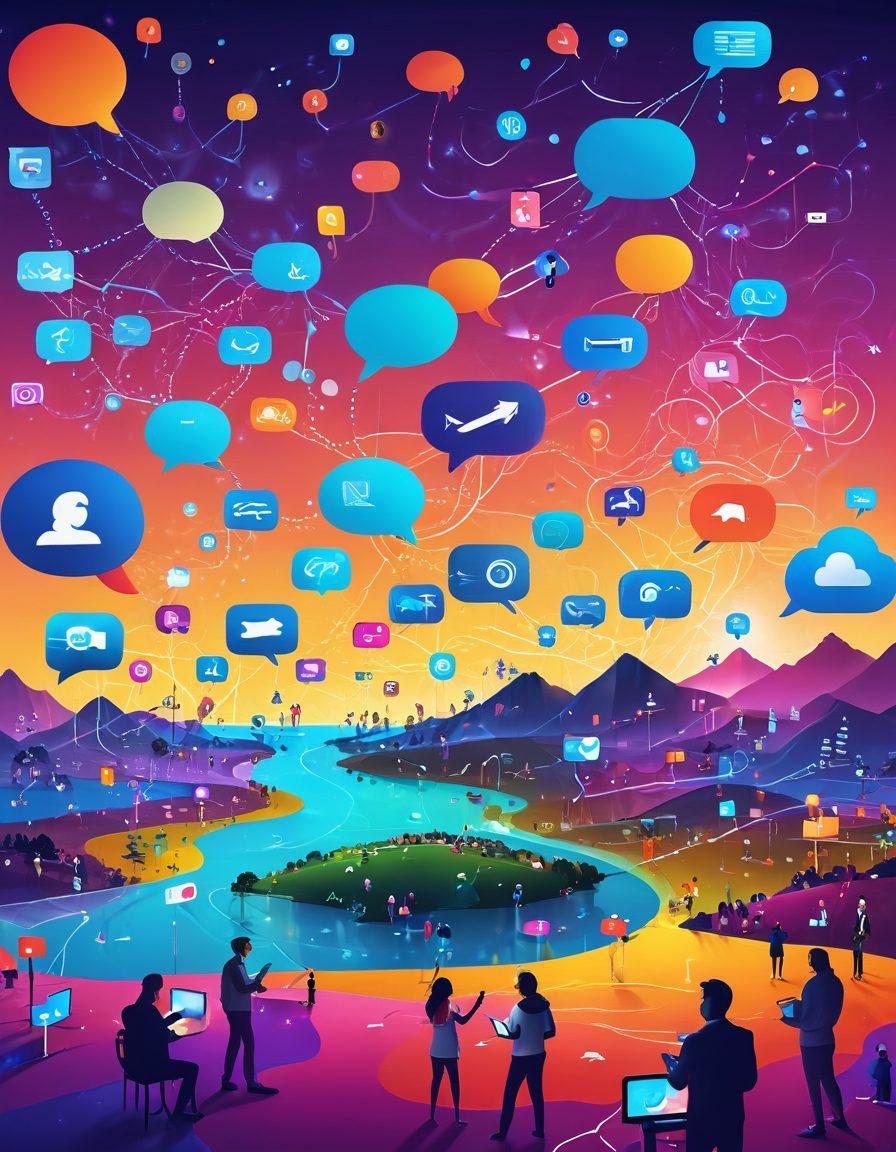 An abstract representation of a digital landscape, featuring interconnected networks, floating icons of social media, diverse people communicating through screens, and vibrant colors symbolizing engagement. The scene should convey a sense of community with overlapping chat bubbles and digital pathways leading to a glowing horizon. super-realistic. vibrant colors. 3D.