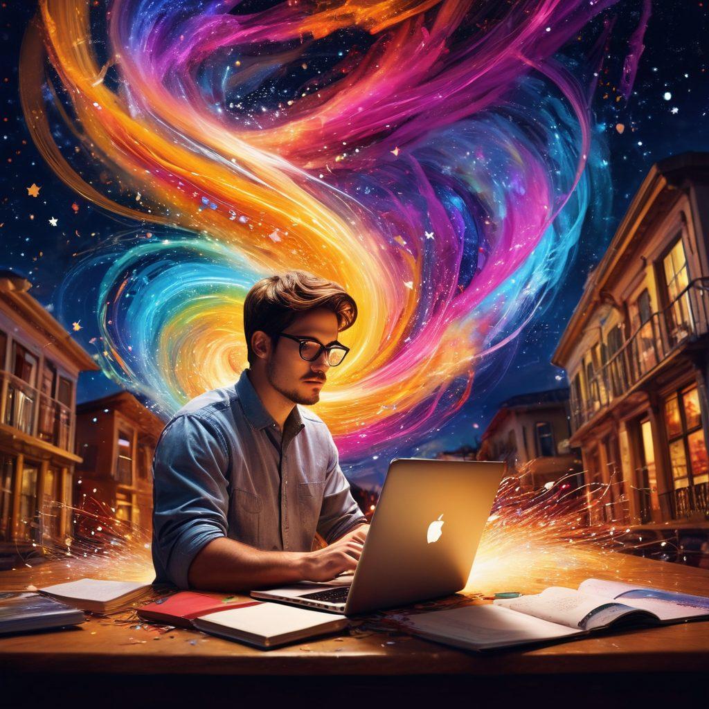 A dynamic scene of a writer immersed in creativity, surrounded by colorful swirling thoughts and ideas represented as vibrant light trails. Elements of blogging like a laptop, books, and a digital canvas blend with whimsical illustrations of stories coming to life around them. The background hints at a magical, dream-like world that inspires creativity. super-realistic. vibrant colors. surreal atmosphere.